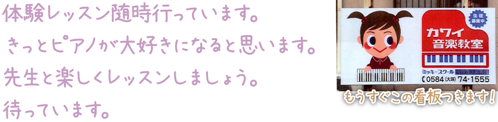 体験レッスン随時行っています。きっとピアノが大好きになると思います。先生と楽しくレッスンしましょう。待っています。